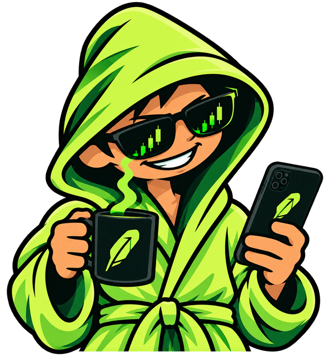 The NoSleep trader: hooded, sunglasses full of green candles, coffee in one hand, phone in the other